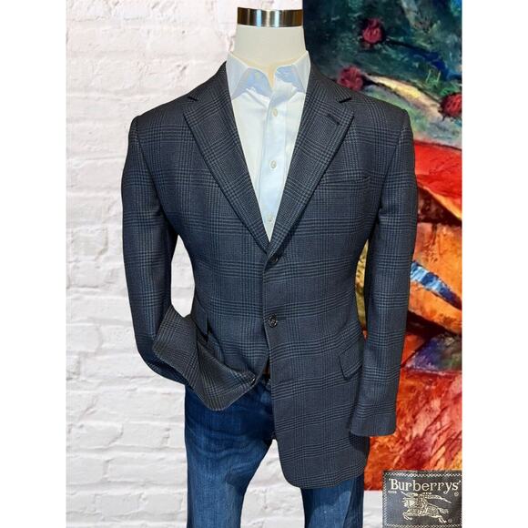 Burberry Other - Vintage Burberry 43L Navy Blue Plaid Flannel Wool Blazer Sport Suit Jacket
